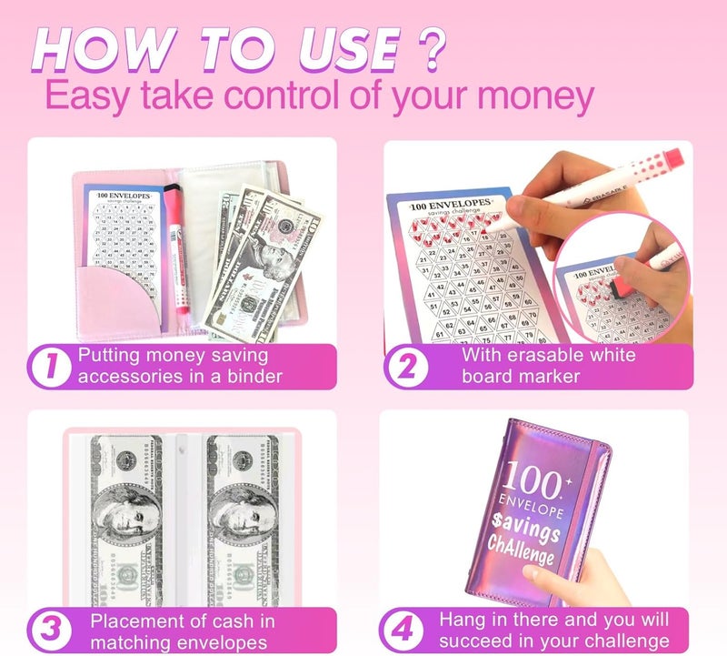 gusutide 100 Envelope Savings Challenge Binder, Money Saving Binder with Cash Envelopes, from 30 Days to 52 Weeks, to Save $500,$5,050 and $10,000, back to school supplies,gift for children (Shining Pink-A6) - Image 4
